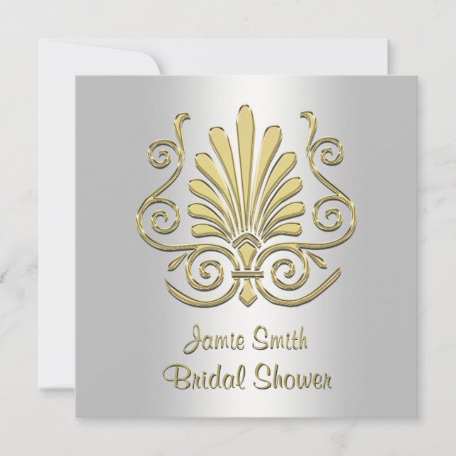 Gold & White Art Deco Deco Damask Bridal Shower 2 Invitation (Front)
