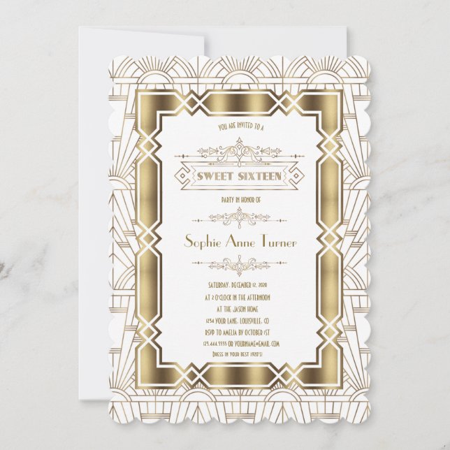 Gold White Art Deco Gatsby 20s Style Sweet 16 Invitation (Front)