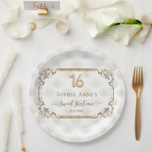Gold White Art Deco Sweet Sixteen Birthday Paper Plate