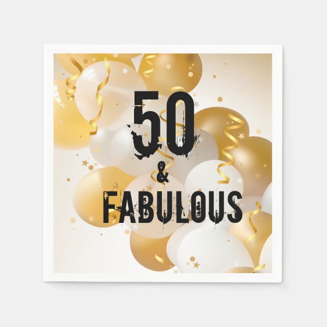Gold White Balloons 50 and Fabulous Napkin (Front)