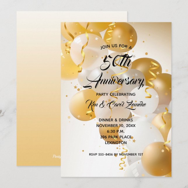 Gold & White Balloons Anniversary Invitations (Front/Back)
