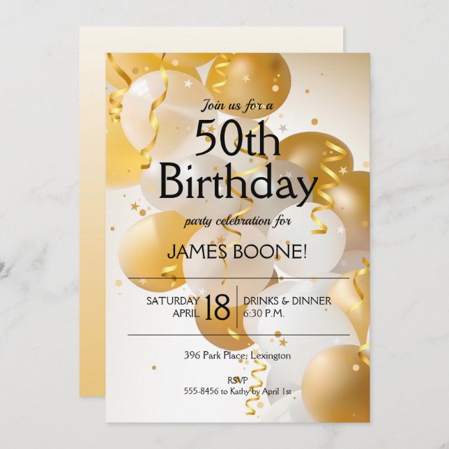 Gold White Balloons Birthday Invitation (Front/Back)