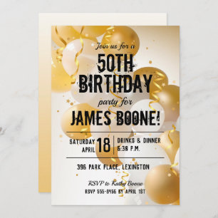 Gold White Balloons Birthday Party Invitations