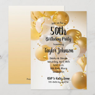 Gold White Balloons Birthday Party Invitations