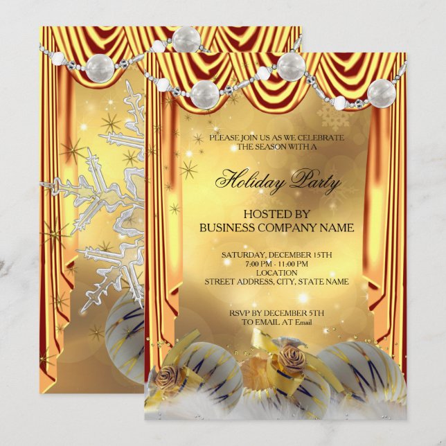 Gold White Baubles Christmas Holiday Party Invitation (Front/Back)