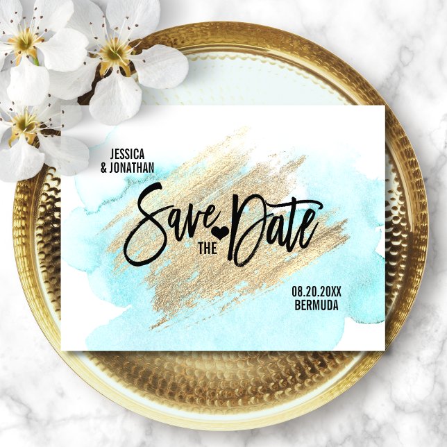 Gold White BEACH Destination Wedding SAVE THE DATE Announcement Postcard (Creator Uploaded)