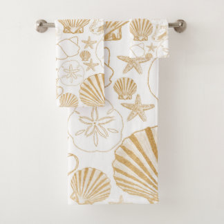 Gold White Beach themed bath decor, sea shells Towel Set