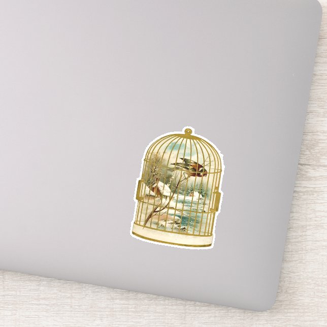 Gold White Birdcage With Bird on Branch Cabin Snow (Detail)