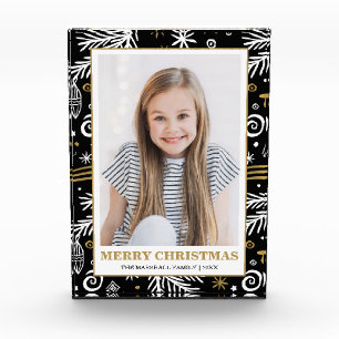 Gold white black doodle pine holiday photo block