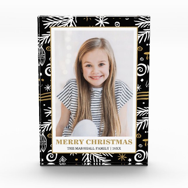 Gold white black doodle pine  holiday photo block (Front)