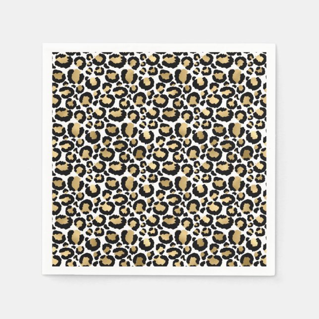 Gold, white & black leopard animal print napkins (Front)