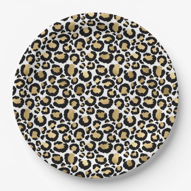 Gold, white & black leopard print paper plates (Front)