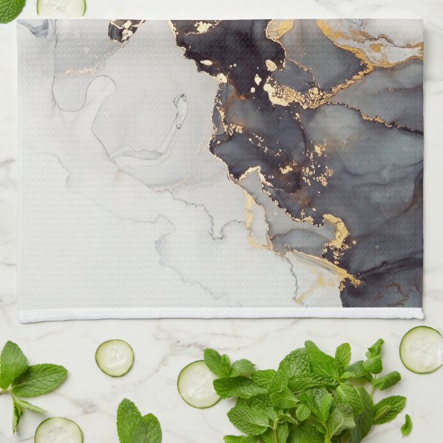 Gold White Black Marble Tea Towel (Folded)