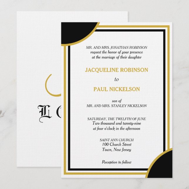 Gold White Black Monogram Geometric Wedding Invitation (Front/Back)