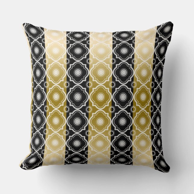 Gold White & Black Stripes & Quatrefoil Geometric Cushion (Front)