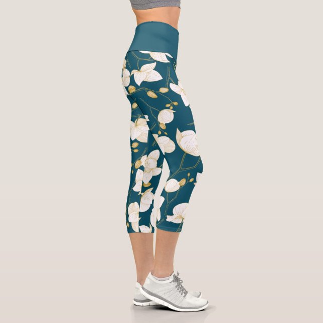 Gold, white & blue elegant orchid floral modern capri leggings (Right)