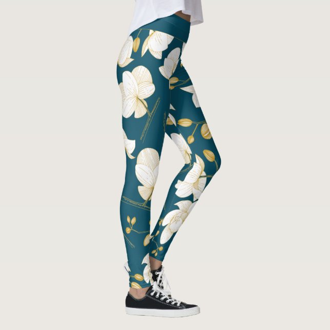 Gold, white & blue elegant orchid floral modern leggings (Right)