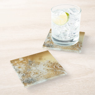 GOLD WHITE BLUE FANCY WINTER SNOWFLAKES GLASS COASTER