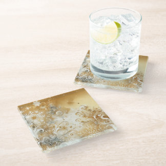 GOLD WHITE BLUE FANCY WINTER SNOWFLAKES GLASS COASTER
