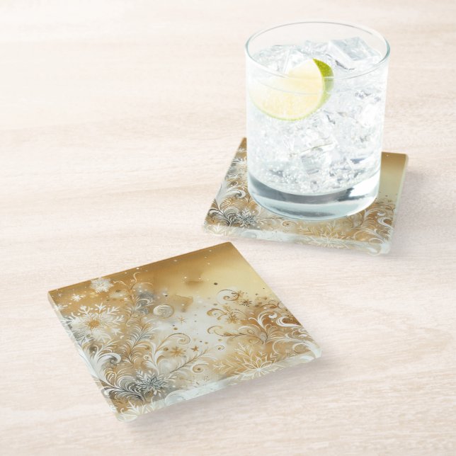 GOLD WHITE BLUE FANCY WINTER SNOWFLAKES GLASS COASTER (Angled)