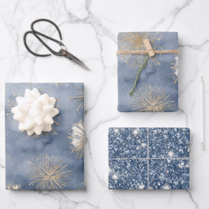 Gold White Blue Glitter Fireworks Wrapping Paper Sheet