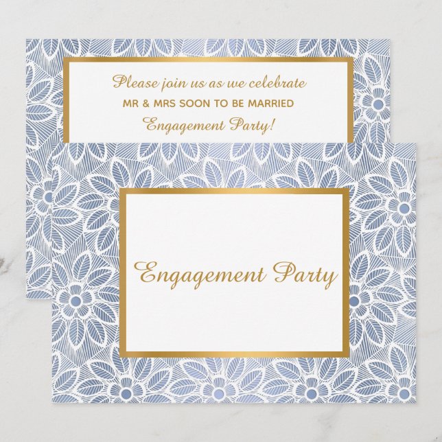 GOLD WHITE BLUE LACE VINTAGE ENGAGEMENT PARTY INVITATION (Front/Back)