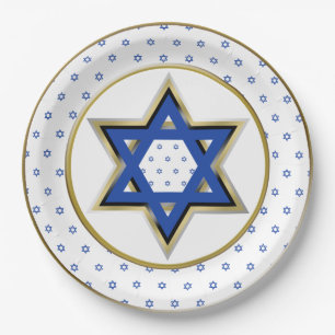 Gold White Blue Star of David Gold Ring Trim Paper Plate