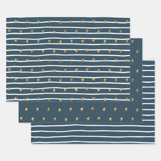 Gold White Blue Stars and Stripes Wrapping Paper Sheet (Set)