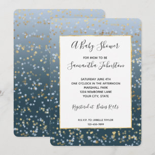 Gold White Blue Stars Shine Bright Baby Shower Invitation