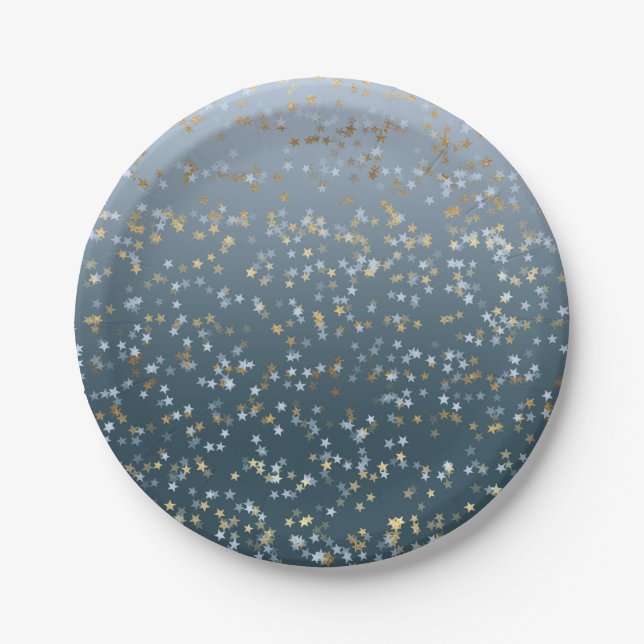 Gold White Blue Stars Shine Bright Paper Plate (Front)