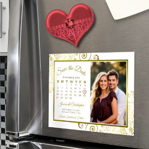 Gold & White Calendar & Photo Save the Date Magnet