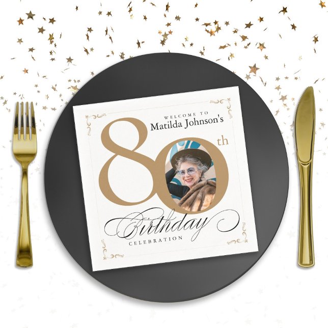 Gold White Calligraphy Custom Photo 80th Birthday Napkin (80th Birthday Gold White Calligraphy Custom Photo Napkins)