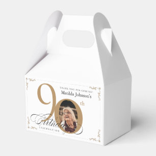 Gold White Calligraphy Photo Elegant 90th Birthday Favour Box
