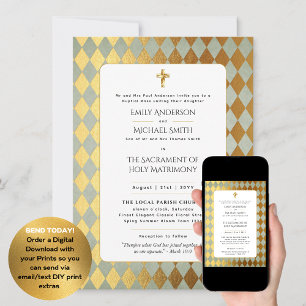Gold White Catholic Nuptial Mass Wedding Invitation