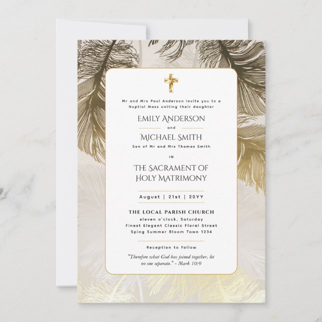 Gold White  Catholic Nuptial Mass Wedding Invitation (Front)