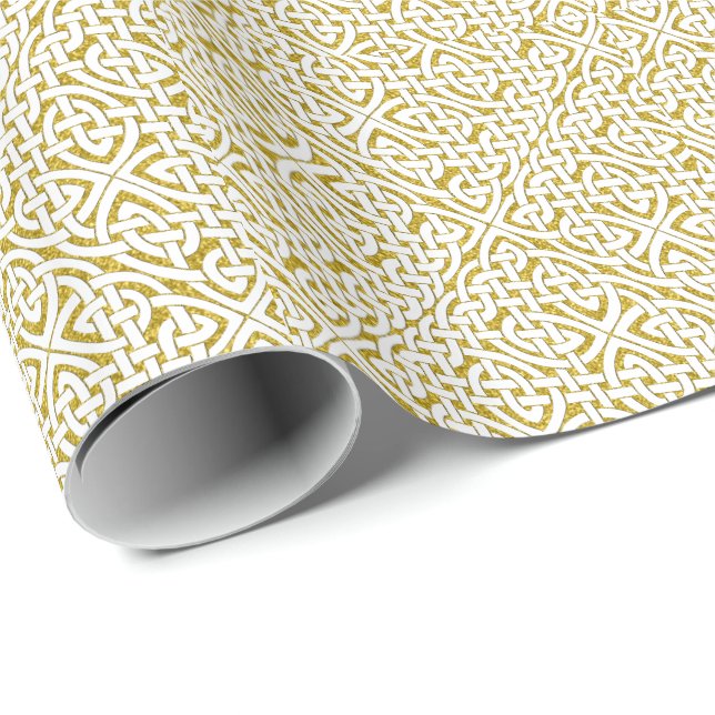 Gold White Celtic Knot Pattern Wrapping Paper (Roll Corner)
