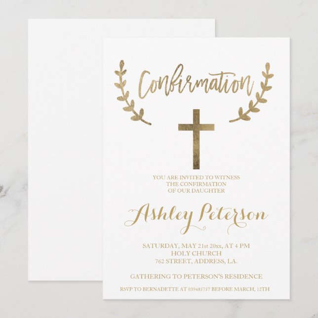 Gold white chic elegant typography confirmation invitation (Front/Back)