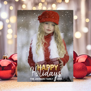 Gold White Christmas Happy Holidays Family   PHOTO Holiday Postcard