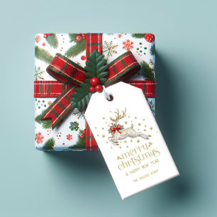 Gold White Christmas Reindeer Gift Tags