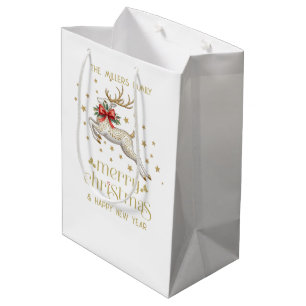 Gold White Christmas Reindeer Medium Gift Bag
