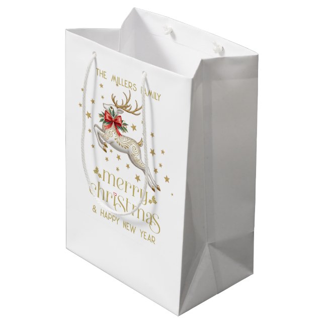 Gold White Christmas Reindeer Medium Gift Bag (Back Angled)