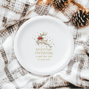 Gold White Christmas Reindeer Paper Plate