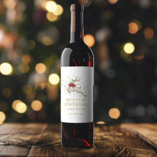 Gold White Christmas Reindeer Wine Label