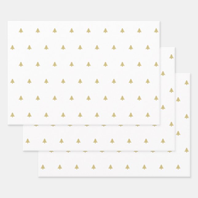 Gold/White Christmas Tree Simple Icon Pattern Wrapping Paper Sheet (Set)