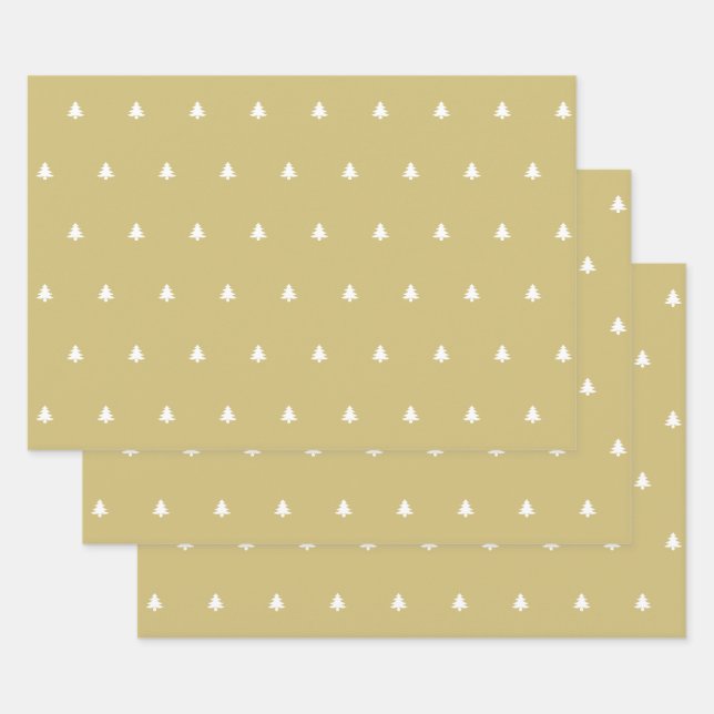 Gold/White Christmas Tree Simple Icon Pattern Wrapping Paper Sheet (Set)
