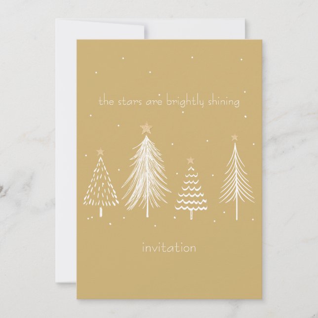 Gold, White, Christmas Tree Stars Elegant Holiday Invitation (Front)