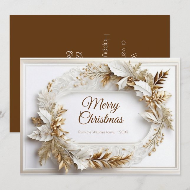 Gold white classic elegant wreath holiday card (Front/Back)