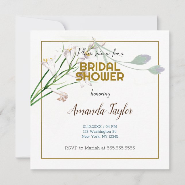 Gold White Colour Floral Minimalist Bridal Shower Invitation (Front)