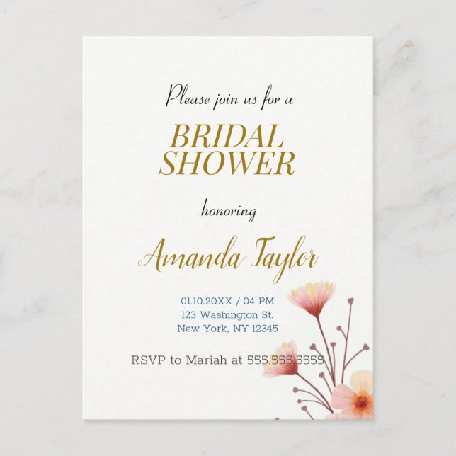 Gold White Colour Minimalist Bridal Shower Announcement Postcard (Front)