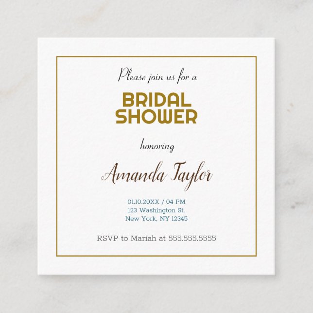 Gold White Colour Minimalist Bridal Shower Enclosure Card (Front)